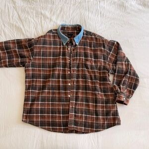 Oversized plaid flannel button down with denim collar